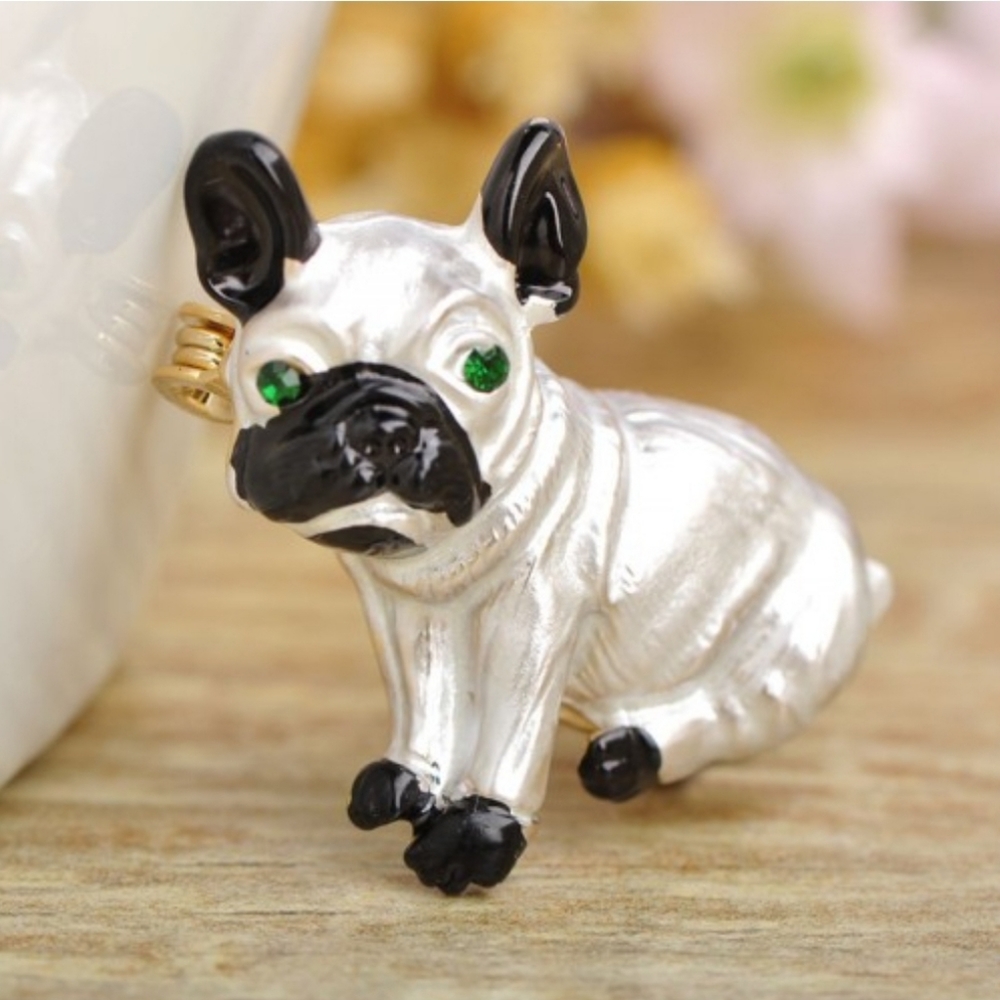 New gold plated green crystal Black-and-white pug necklace/brooch